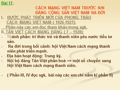 Bài giảng Lịch sử Lớp 9 - Chương II: Việt Nam những năm 1930-1939 - Bài 17: Cách mạng Việt Nam trước khi Đảng Cộng sản Việt Nam ra đời