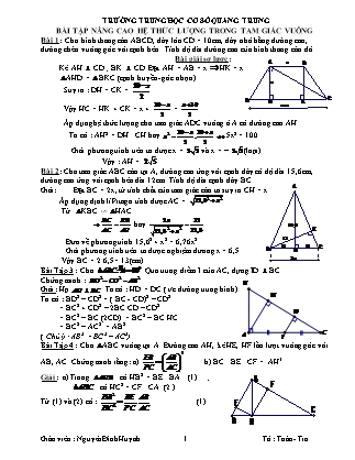 Bài tập nâng cao môn Hình học Lớp 9 - Phần hệ thức lượng trong tam giác vuông - Nguyễn Đình Huynh