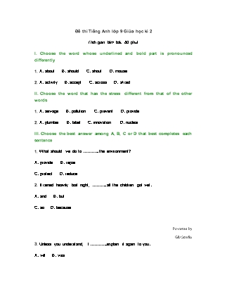 Đề thi môn Tiếng Anh Lớp 9 - Giữa học kỳ II (Kèm đáp án)