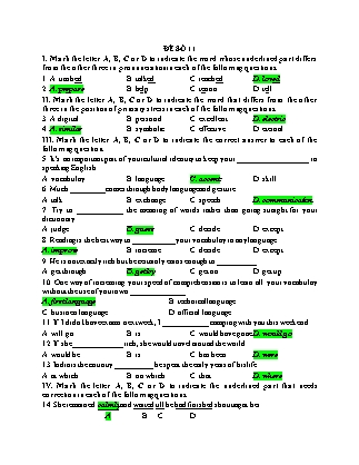 Đề thi trắc nghiệm môn Tiếng Anh Lớp 9 - Đề số 11 (Dành cho giáo viên - Có đáp án)