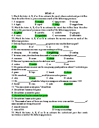 Đề thi trắc nghiệm môn Tiếng Anh Lớp 9 - Đề số 14 (Dành cho giáo viên - Có đáp án)