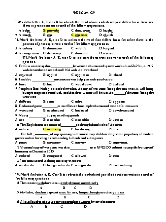 Đề thi trắc nghiệm môn Tiếng Anh Lớp 9 - Đề số 39 (Dành cho giáo viên - Có đáp án)
