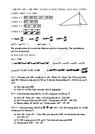 Tài liệu buồi dưỡng môn Toán Lớp 9 - Chuyên đề 1: Hệ thức lượng và tỉ số lượng giác trong tam giác vuông - Phạm Thị Mai Lan