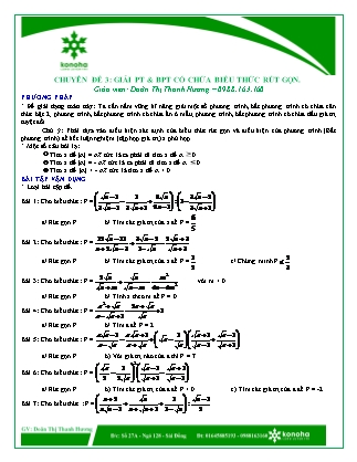 Tài liệu ôn tập và bài tập môn Toán Lớp 9 - Chuyên đề 3: Giải phương trình và bất phương trình có chứa biểu thức rút gọn - Doãn Thị Thanh Hương