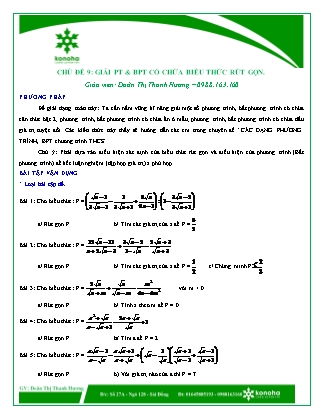 Tài liệu ôn tập và bài tập môn Toán Lớp 9 - Chuyên đề 9: Giải phương trình và bất phương trình có chưa biểu thức rút gọn - Doãn Thị Thanh Hương