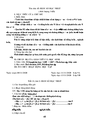 Giáo án Đại số Lớp 9 - Tên chủ đề: Hàm số bậc nhất (Thời lượng 3 tiết) - Năm học 2020-2021