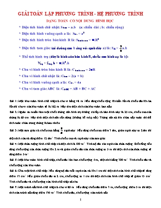 Giáo án Dạy thêm Đại số Lớp 9 - Chủ đề 13.7: Giải toán lập phương trình và hệ phương trình - Dạng toán có nội dung hình học