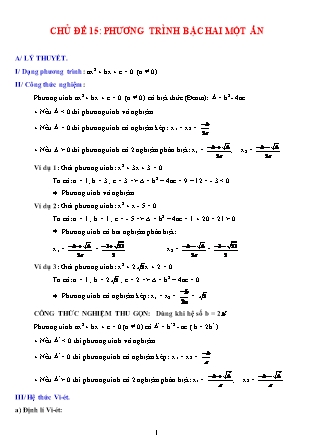 Giáo án Dạy thêm Đại số Lớp 9 - Chủ đề 15: Phương trình bậc hai một ẩn