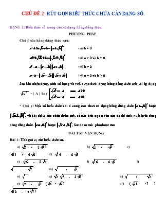 Giáo án Dạy thêm Đại số Lớp 9 - Chủ đề 2: Rút gọn biểu thức chứa căn dạng số