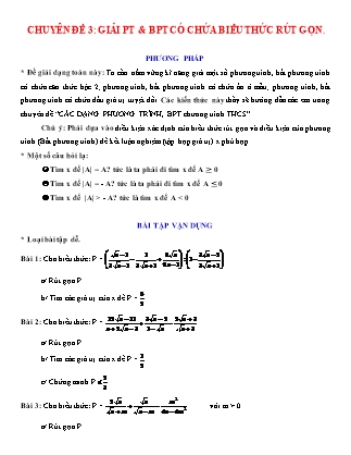 Giáo án Dạy thêm Đại số Lớp 9 - Chủ đề 3: Giải phương trình và bất phương trình có chứa biểu thức rút gọn