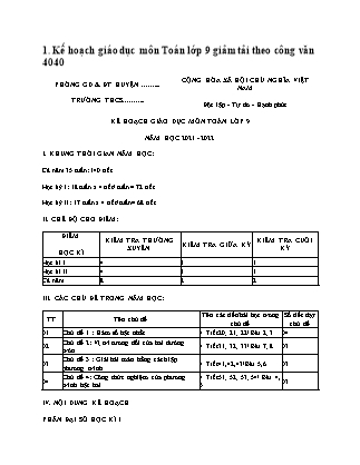 Kế hoạch giáo dục môn Toán Lớp 9 giảm tải theo Công văn 4040 - Năm học 2021-2022