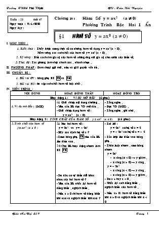 Giáo án Đại số Lớp 9 - Chương 4: Hàm số y=ax² (a ≠ 0). Phương trình bậc hai 1 ẩn - Năm học 2019-2020 - Trần Hải Nguyên