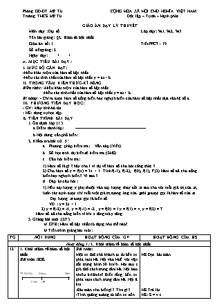 Giáo án Đại số Lớp 9 - Tiết 19: Hàm sô bậc nhất - Năm học 2018-2019 - Nguyễn Thị Du