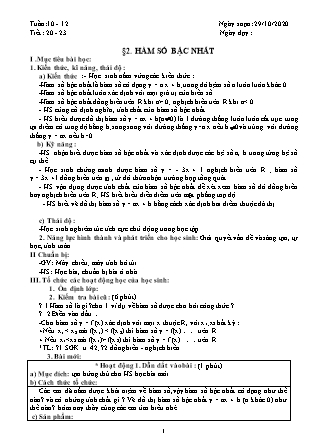 Giáo án Đại số Lớp 9 - Tiết 20 đến 23: Hàm số bậc nhất - Năm học 2020-2021