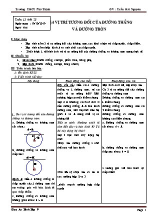 Giáo án Đại số Lớp 9 - Tiết 25: Vị trí tương đối của đường thẳng và đường tròn - Năm học 2019-2020 - Trần Hải Nguyên