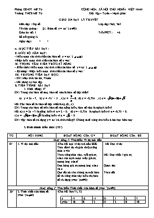 Giáo án Đại số Lớp 9 - Tiết 46: Hàm số y = ax² - Năm học 2018-2019 - Nguyễn Thị Du