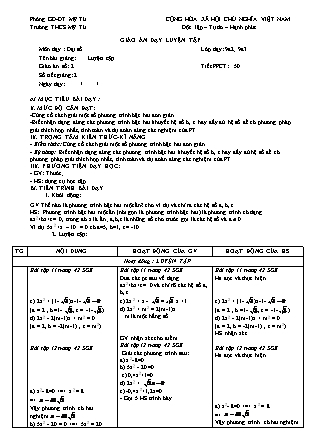 Giáo án Đại số Lớp 9 - Tiết 50: Luyện tập - Năm học 2018-2019 - Nguyễn Thị Du
