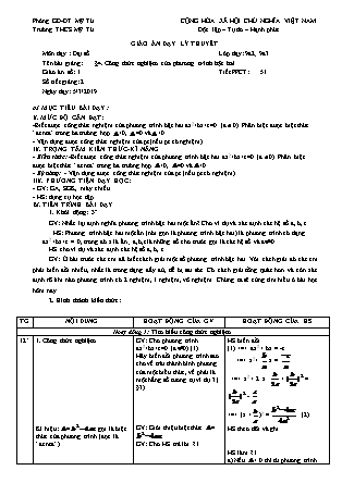 Giáo án Đại số Lớp 9 - Tiết 51: Công thức nghiệm của phương trình bậc hai - Năm học 2018-2019 - Nguyễn Thị Du