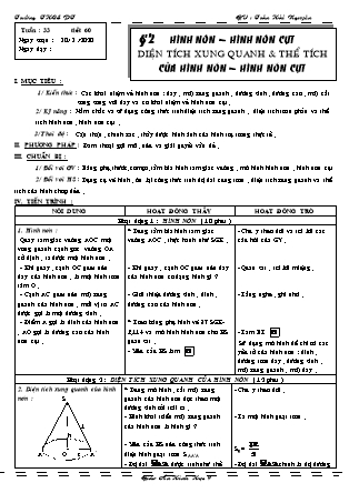 Giáo án Đại số Lớp 9 - Tiết 60: Hình nón – hình nón cụt diện tích xung quanh & thể tích của hình nón – hình nón cụt - Năm học 2019-2020 - Trần Hải Nguyên