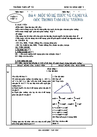 Giáo án Hình học 9 - Tiết 11: Một số hệ thức về cạnh và góc trong tam giác vuông - Nguyễn Văn Tân