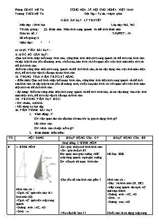 Giáo án Hình học Lớp 9 - Tiết 59: Hình nón. Diện tích xung quanh và thể tích hình nón - Năm học 2018-2019 - Nguyễn Thị Du