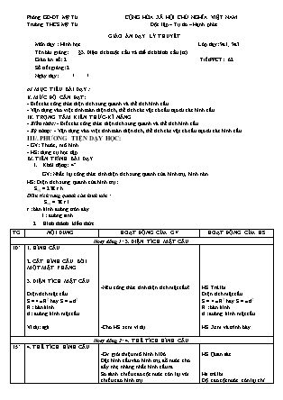 Giáo án Hình học Lớp 9 - Tiết 62: Diện tích mặt cầu và thể tích hình cầu (Tiếp theo) - Năm học 2018-2019 - Nguyễn Thị Du