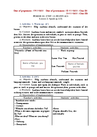 Giáo án Tiếng Anh Lớp 7 - Unit 13: Festivals - Lesson 2: Speak (P.123) - Năm học 2021-2022