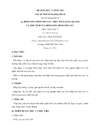 Giáo án Toán Lớp 9 - Bài 2: Hình nón, hình nón cụt- Diện tích xung quanh và thể tích của hình nón, hình nón cụt - Phạm Thị Huyền