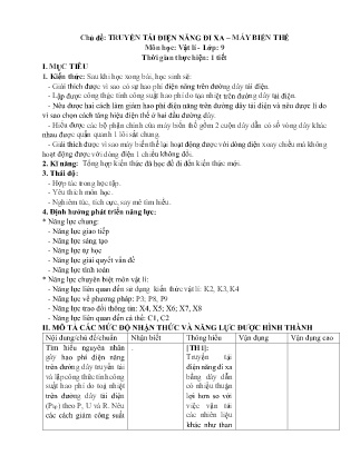 Giáo án Vật lí Lớp 9 - Chủ đề: Truyền tải điện năng đi xa, máy biến thế