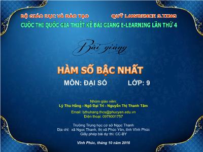 Bài giảng Đại số Lớp 9 - Hàm số bậc nhất - Lý Thu Hằng