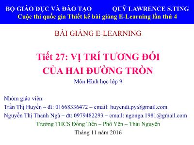 Bài giảng Hình học Lớp 9 - Tiết 27: Vị trí tương đối của hai đường tròn - Trần Thị Huyền