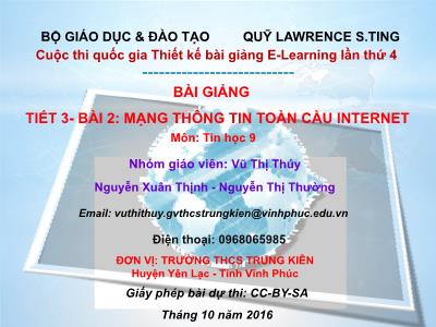 Bài giảng Tin học Lớp 9 - Tiết 3, Bài 2: Mạng thông tin toàn cầu Internet - Vũ Thị Thúy