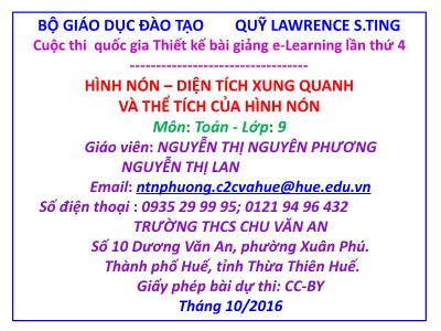 Bài giảng Toán Lớp 9 - Hình nón. Diện tích xung quanh và thể tích của hình nón - Nguyễn Thị Nguyên Phương