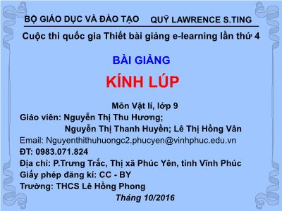 Bài giảng Vật lí Lớp 9 - Kính lúp - Nguyễn Thị Thu Hương