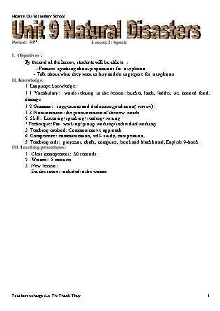 Giáo án Tiếng Anh Lớp 9 - Unit 9: Natural disaster - Lesson 2: Speak - Lê Thị Thanh Thủy