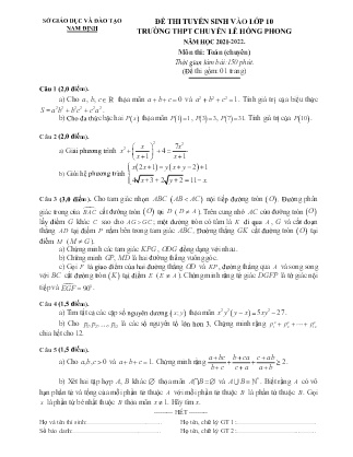 Đề thi tuyển sinh vào Lớp 10 trường THPT chuyên Lê Hồng Phong môn Toán (chuyên) - Năm học 2021-2022 - Sở GD Nam Định