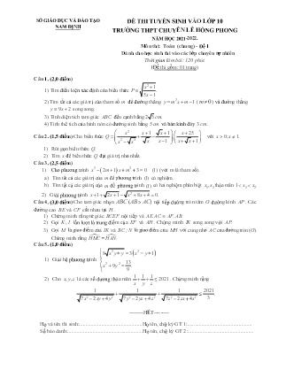 Đề thi tuyển sinh vào Lớp 10 trường THPT chuyên Lê Hồng Phong môn Toán - Đề 1 - Năm học 2021-2022 - Sở GD Nam Định