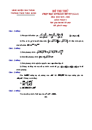 Đề thi thử chọn học sinh giỏi cấp huyện lần 2 môn Toán Lớp 9 - Năm học 2019-2020 - Trường THCS Tuấn Hưng (Có đáp án)